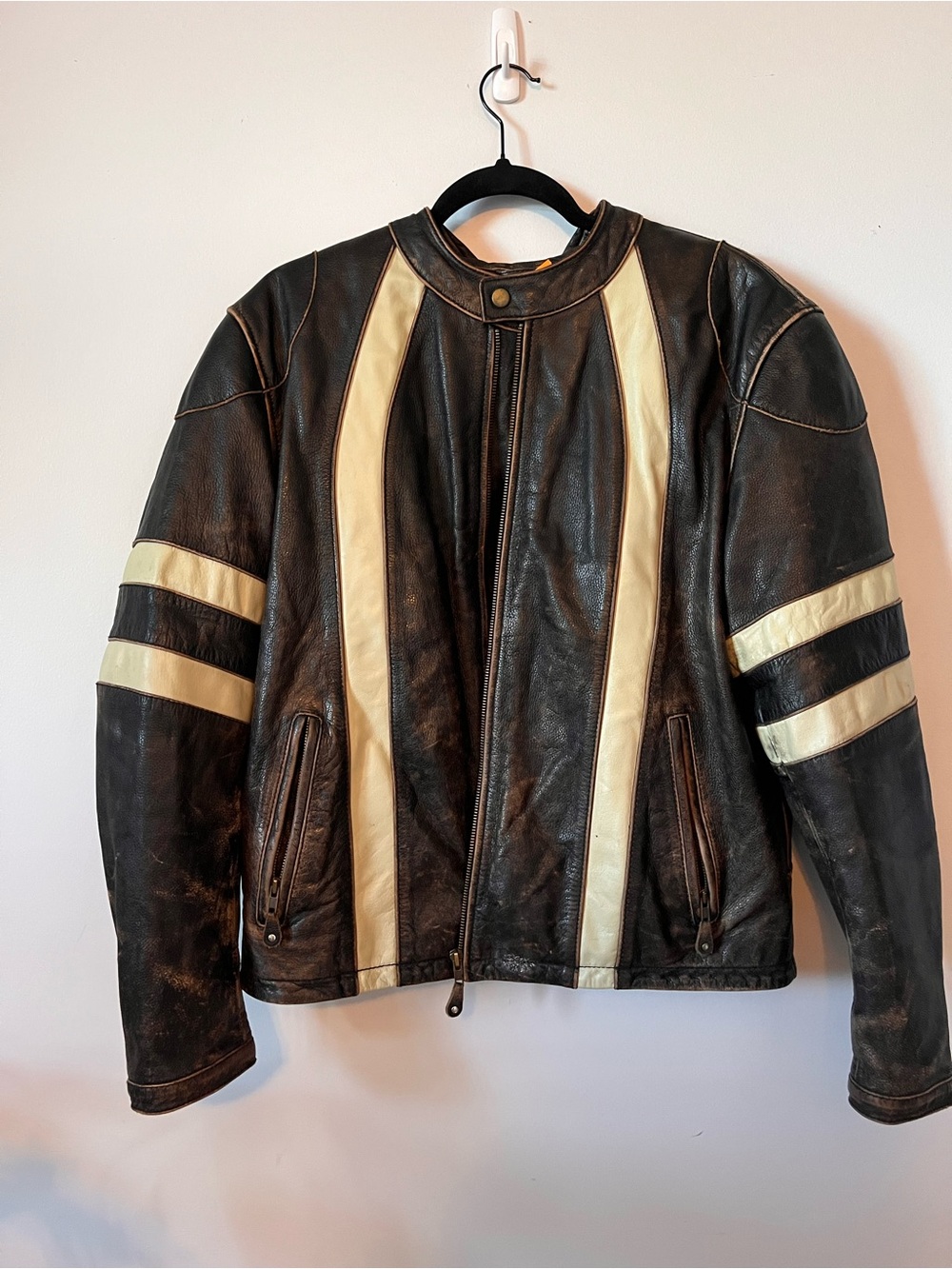 Men's Black Leather Jacket with Cream Racing Stripes vintage Canada CCM
